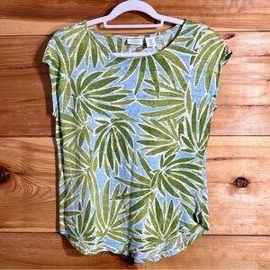 Sigrid Olsen Green & Blue Leaf Print Tab Sleeve Linen Top Summer Tropical Cool